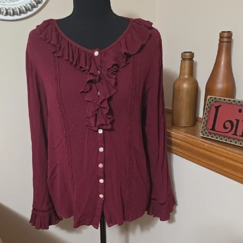NorthStyle Maroon Ruffle Blouse - Picture 1 of 4